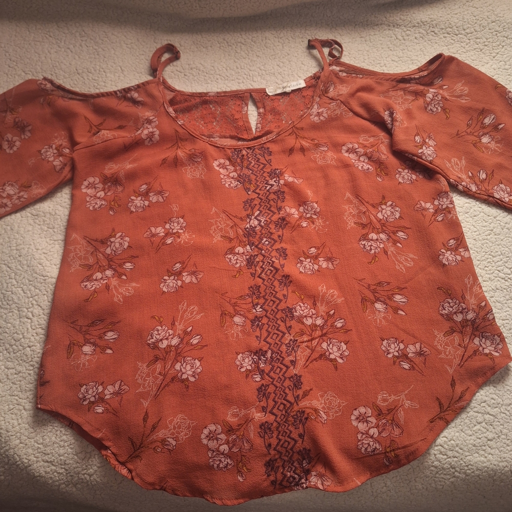Rewind Rust Floral Cold Shoulder Blouse
